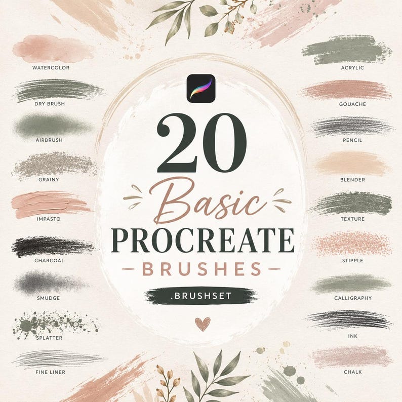 Op de afbeelding: Een digitale collectie van 20 basis Procreate-penselen in .brushset-bestandsformaat. De afbeelding toont de tekst 20 Basic PROCREATE BRUSHES .BRUSHSET, omringd door twintig verschillende penseelstreekvoorbeelden in diverse kleuren en texturen.