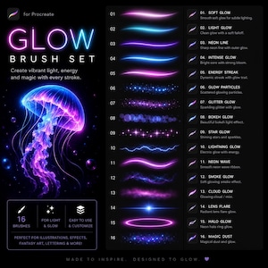 May include: A digital brush set for Procreate titled GLOW BRUSH SET featuring sixteen distinct light-based stroke effects. The image displays a glowing jellyfish illustration alongside a numbered list of brushes including soft, neon, bokeh, and star glow.