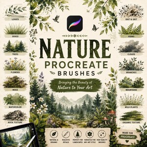 May include: A digital art graphic showcasing Procreate brushes with a nature theme. The image features various brush categories like leaves, grass, trees, flowers, and watercolor effects. Text includes "Nature Procreate Brushes" and "Bringing the Beauty of Nature to Your Art."