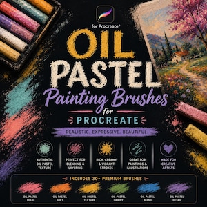 May include: A digital product advertisement for Procreate oil pastel painting brushes. The black background features text reading OIL PASTEL Painting Brushes for PROCREATE, with colorful pastel stick illustrations and a landscape painting sample.