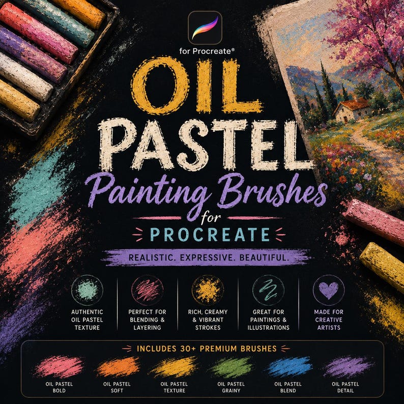 May include: A digital product advertisement for Procreate oil pastel painting brushes. The black background features text reading OIL PASTEL Painting Brushes for PROCREATE, with colorful pastel stick illustrations and a landscape painting sample.