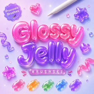 May include: An illustration with the words "Glossy Jelly" in pink and purple bubble letters. The image includes jelly-like shapes, a stylus, and a "Procreate Brushes" badge. A "BRUSH SET" banner is also present.