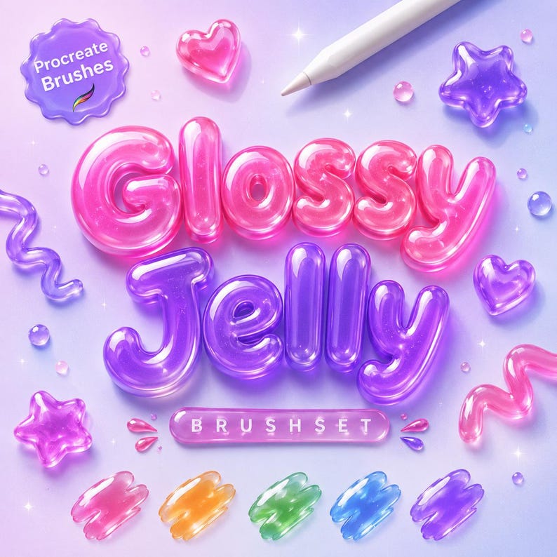 May include: An illustration with the words "Glossy Jelly" in pink and purple bubble letters. The image includes jelly-like shapes, a stylus, and a "Procreate Brushes" badge. A "BRUSH SET" banner is also present.