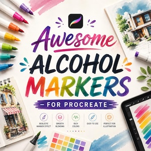 May include: An assortment of alcohol markers in various colors, arranged around a white surface with the text "Awesome ALCOHOL MARKERS FOR PROCREATE." The image includes a digital tablet, a sketchbook, and a color palette, suggesting art supplies.
