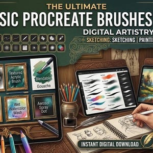 Op de afbeelding: Een digitaal kunstpakket getiteld 20 BASIC PROCREATE BRUSHES BUNDLE DIGITAL ARTISTRY ESSENTIALS. De afbeelding toont tablets met diverse voorbeelden van penseelstreken, waaronder Fine Graphite Liner, Smooth Charcoal Wash en Blendable Gouache.