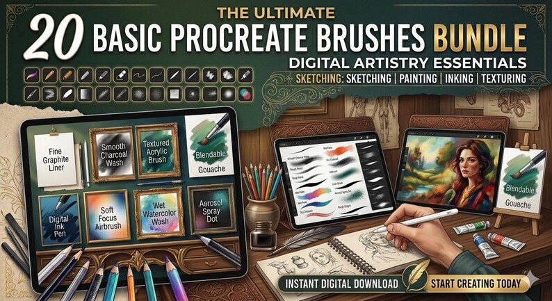 Op de afbeelding: Een digitaal kunstpakket getiteld 20 BASIC PROCREATE BRUSHES BUNDLE DIGITAL ARTISTRY ESSENTIALS. De afbeelding toont tablets met diverse voorbeelden van penseelstreken, waaronder Fine Graphite Liner, Smooth Charcoal Wash en Blendable Gouache.