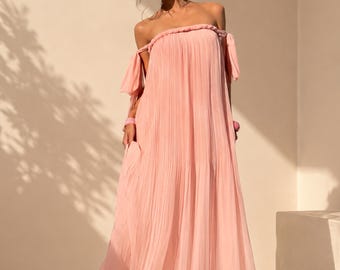 Women's Spring & Summer Vacation Bohemian Off Shoulder Flowy Chiffon Pleated Rope Bowknot Sleeveless Loose A-Line Maxi Dress, Pink