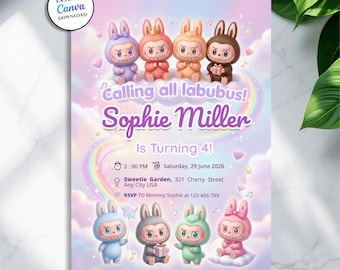 Invitaciones de cumpleaños de Labubu, editables e imprimibles en Canva.