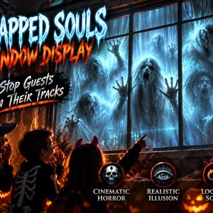 May include: A window display titled TRAPPED SOULS WINDOW DISPLAY with the text STOP GUESTS IN THEIR TRACKS. The display features glowing blue figures pressing against glass, with icons for CINEMATIC HORROR, REALISTIC ILLUSION, and LOOPING SCENE.