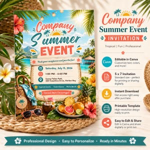 May include: A digital invitation template for a Company Summer Event featuring tropical graphics, palm leaves, a beach scene, and a bowl of citrus fruit. The text includes event details like Saturday, July 13, 2026, and Sunny Palms Park, 300 Coastline Drive, Harbor Bay, with additional information about Canva editing and a 5 x 7 inch size.