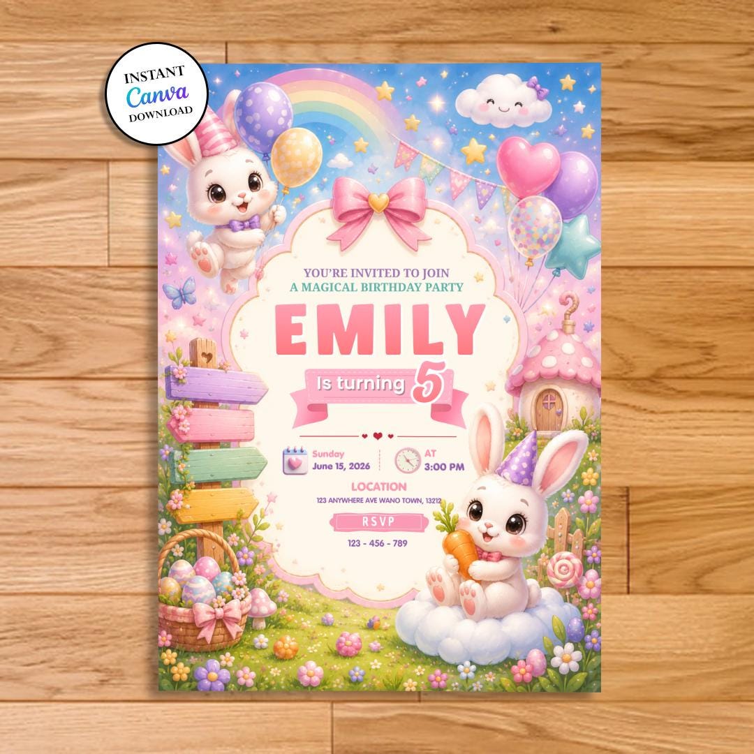 Editable Bunny Birthday Invitation, Rabbit Garden Party Template ...