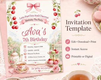 Cherry Blossom Tea Party Invitation | Watercolor Macaron Teacup Birthday (Digital File)