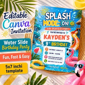 Water Slide Birthday Invitation, Editable Canva Template, Water Park Party Invite, Pool Birthday Invitation, 5x7 Digital Download