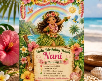 Invito di compleanno a tema hula hawaiana, modello per festa luau tropicale, ghirlande di fiori ad acquerello (file digitale)