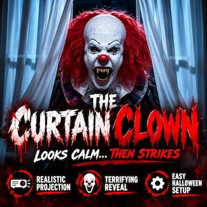 May include: A projection display featuring a clown with white face paint, a red nose, and bright red hair, peering through white curtains. The text reads THE CURTAIN CLOWN LOOKS CALM... THEN STRIKES, with icons for realistic projection, terrifying reveal, and easy Halloween setup.