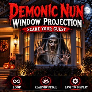 Demonisk nunna Halloween fönsterprojektionsvideo, skrämmande loopanimation, spökhusdekor, digital nedladdning