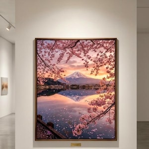 Mount Fuji Sakura Wall Art Set of 3, Sunset Sunrise Night, Japanese Landscape Printable, Zen Decor, Instant Download