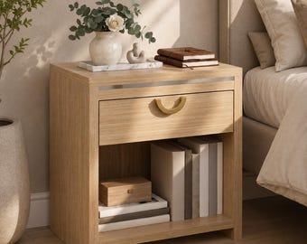 Modern Oak Nightstand, Mid Century Bedside Table, Gold Handle Drawer Shelf