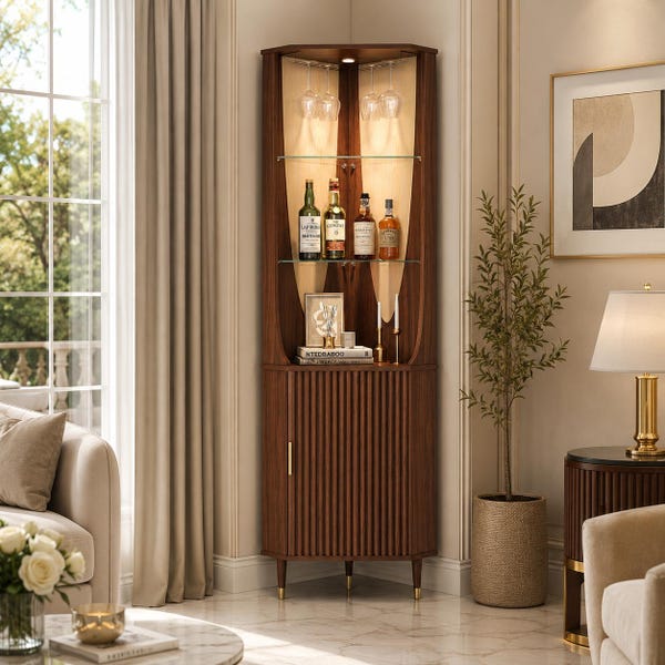 Walnut Corner Bar Cabinet, Mid Century Modern Liquor Storage, Fluted Glass LED Home Bar