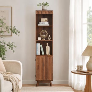 Tall Narrow Bookshelf, Mid Century Modern Walnut Storage Cabinet, 71 Inch Display Shelf