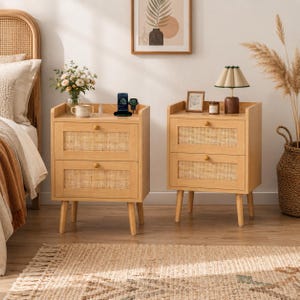 May include: Two light-colored wooden nightstands with woven cane drawer fronts. Each nightstand has two drawers, a top shelf, and tapered legs. One nightstand has a lamp, and the other has a mug and a charging station.