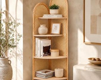 4 Tier Farmhouse Corner Shelf, 70 Inch Pine Wood Rattan Display Rack