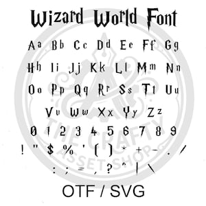 May include: A black and white graphic featuring the "Wizard World Font" with uppercase and lowercase letters, numbers, and symbols. The font is displayed in a circular arrangement, with the text "OTF / SVG" at the bottom.