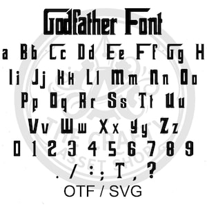 May include: A black "Godfather Font" alphabet set, including uppercase and lowercase letters, numbers, and symbols. The font is displayed in a circular arrangement on a white background. The file types are OTF and SVG.