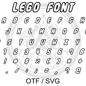 Pode incluir: Fonte LEGO a preto e branco com alfabeto, números e caracteres especiais. A palavra "LEGO FONT" está no topo. O tipo de ficheiro é OTF / SVG.