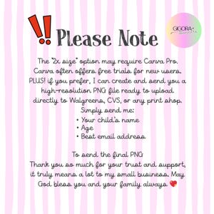 May include: A digital information graphic with a light pink and white vertical striped background. It features the text Please Note, a Gigora Banners logo, and instructions regarding Canva Pro, custom PNG file creation, and required customer details.
