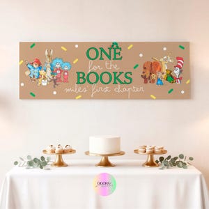 May include: A rectangular tan banner featuring green text that reads ONE for the BOOKS miles' first chapter, decorated with colorful illustrations of various storybook characters including Peter Rabbit, Winnie the Pooh, and The Cat in the Hat.
