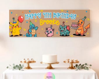 Striscione di compleanno a tema Monster Ball, con personaggi dei cartoni animati e nome personalizzabile (download digitale)