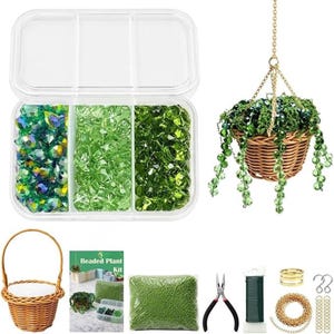 Beaded Plant Kit with Green Glass Beads & Rattan Basket | DIY Hanging Suncatcher Plant