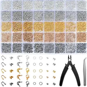 May include: A jewelry-making kit with various metal chain links in silver, gold, and bronze tones, organized in a clear plastic container. The kit also includes clasps, jump rings, crimp beads, a black plier, and a silver tweezer.