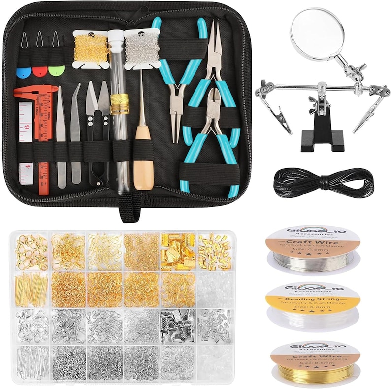 Kit completo para fabricação de joias para adultos | Ferramentas, arames, acessórios, correntes, alicate e bolsa para armazenamento Blue