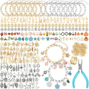 May include: A collection of jewelry-making supplies, including gold and silver-toned chain bracelets, alphabet charms, and various decorative charms. Also included are jump rings, a gold ring, and a pair of blue-handled pliers.