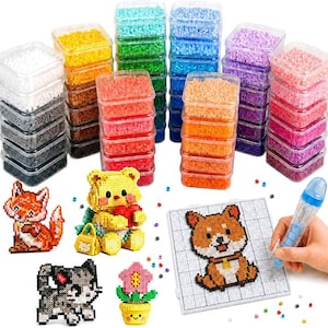 May include: A collection of colorful plastic beads organized in clear square containers, accompanied by a white grid pegboard, a blue and clear applicator tool, and several finished bead art figures including a fox, a bear, a cat, and a flower.