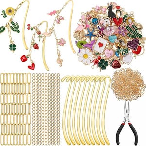 May include: A collection of crafting supplies including gold-colored bookmarks, chains, jump rings, and charms. Charms feature various designs such as flowers, hearts, and animals. A pair of pliers with black and red handles is also included.