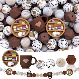 Coffee and Study Silicone Beads | 15mm Book Focal Beads | Brown Beads for Keychains Pens Bracelets and DIY Crafts
