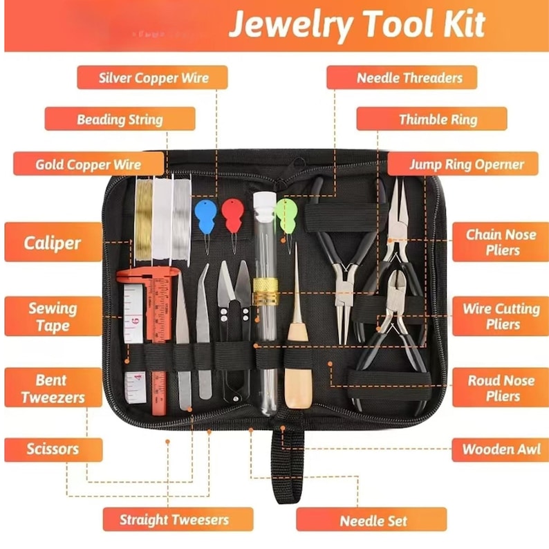 Pode incluir: Um kit de ferramentas de joalheria preto com v&aacute;rias ferramentas, incluindo alicates, pin&ccedil;as, tesouras e um paqu&iacute;metro. O kit tamb&eacute;m cont&eacute;m fio de cobre prateado e dourado, fio de contas e um conjunto de agulhas. O texto "Jewelry Tool Kit" est&aacute; no topo.