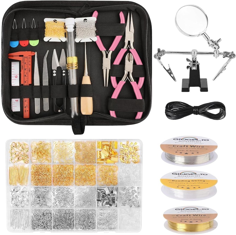 Kit completo para fabricação de joias para adultos | Ferramentas, arames, acessórios, correntes, alicate e bolsa para armazenamento Pink