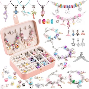 May include: A pink jewelry box filled with various charms, bracelets, earrings, and necklaces. The charms include mermaids, unicorns, and lollipops. The bracelets and necklaces feature colorful beads and pendants. A collection of jewelry for girls.