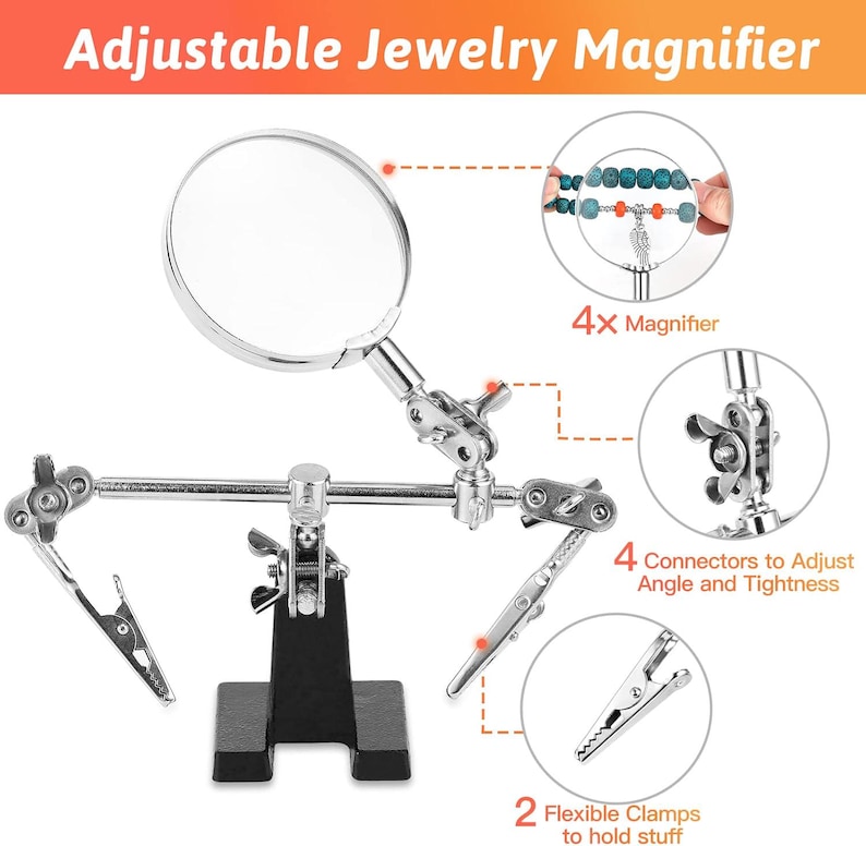Pode incluir: Uma lupa de joalheria ajust&aacute;vel com uma grande lupa, duas pin&ccedil;as flex&iacute;veis e quatro conectores para ajuste de &acirc;ngulo e aperto. O texto diz "Adjustable Jewelry Magnifier", "4x Magnifier" e "2 Flexible Clamps to hold stuff".