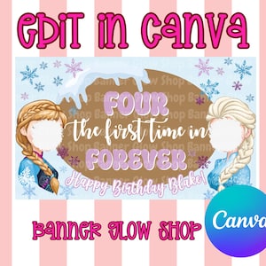May include: A digital banner template featuring two cartoon characters with blank faces, one with braided auburn hair and one with braided platinum blonde hair. The text reads FOUR the first time in FOREVER Happy Birthday Blake!