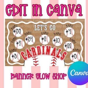 Puede incluir: Un diseño con temática de béisbol con el texto "Edit in Canva" y "Banner Glow Shop". El diseño presenta pelotas de béisbol con números y la palabra "Cardinals" en rojo. También hay un logotipo de Canva.