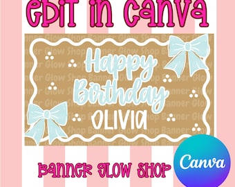 Girly Bow Birthday Banner Template | Editable Canva Design (Digital Download)