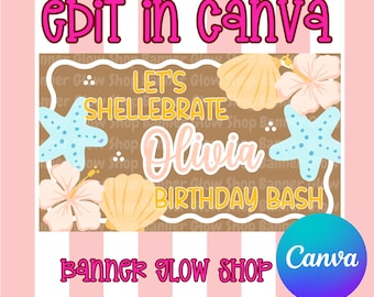 Let's Shellebrate birthday Banner Template | Editable Canva Banner | 36x60 DIY Painted Sign | Digital Download