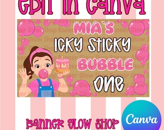 Ms Rachel Birthday Banner Template | Icky Sticky Bubble One Party Sign (Digital Download)