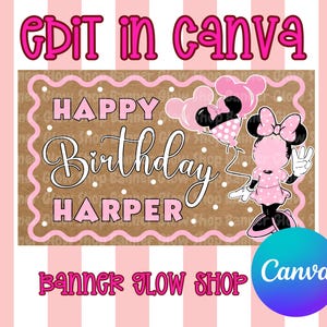 May include: A rectangular birthday banner with a brown polka dot background and a pink scalloped border. It features the text "HAPPY Birthday HARPER" in white and pink, a cartoon mouse character in a pink dress, and pink balloons.