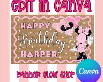 Pink Mouse Ears Birthday Three Years Banner Template – Editable Canva Design (Digital Download)
